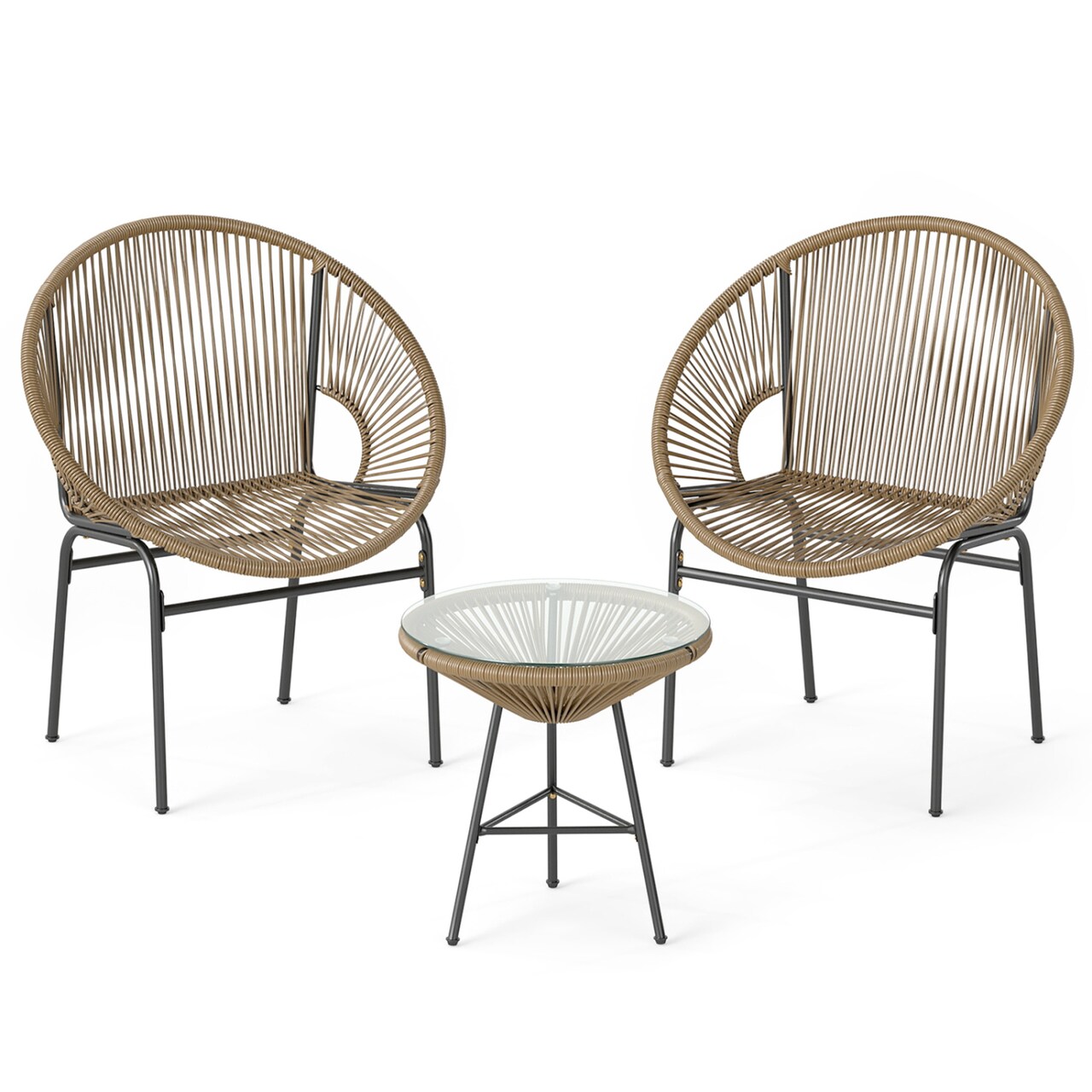 3 Pieces Brown Rope Patio Set with Chairs and Glass-Top Table Outdoor
